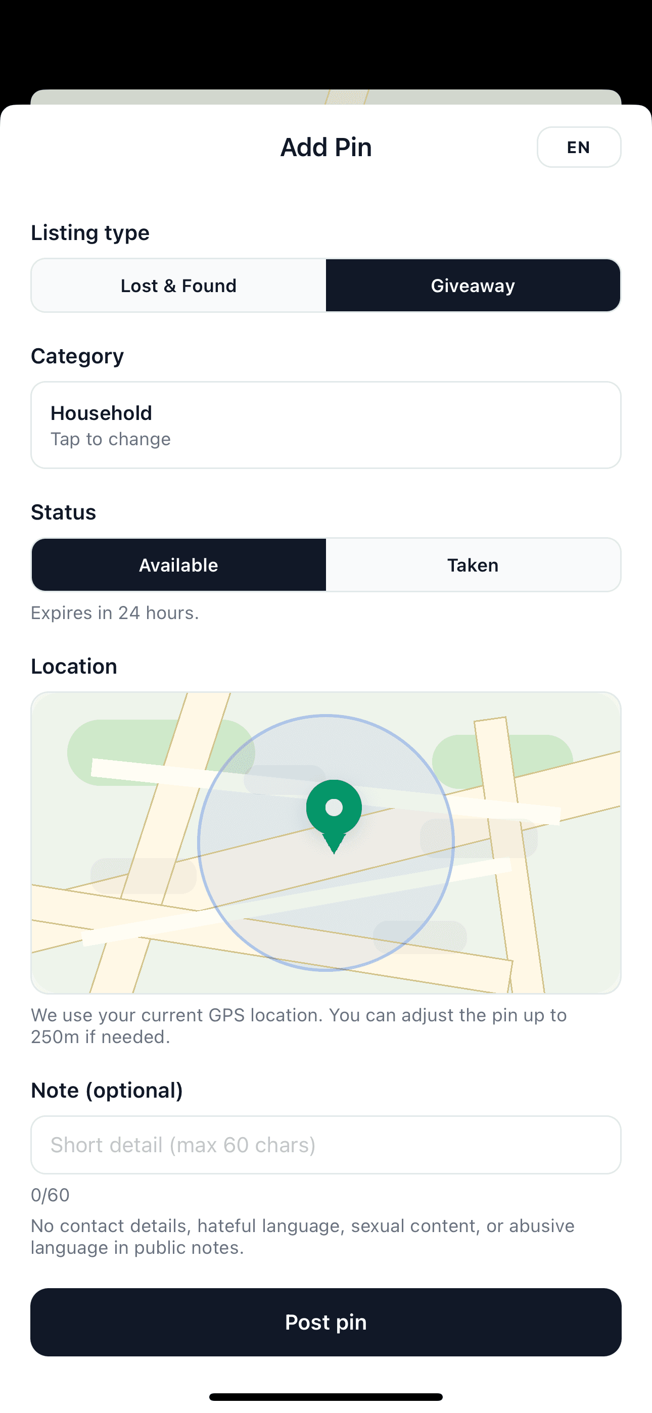 FoundMe screen for adding a temporary local pin