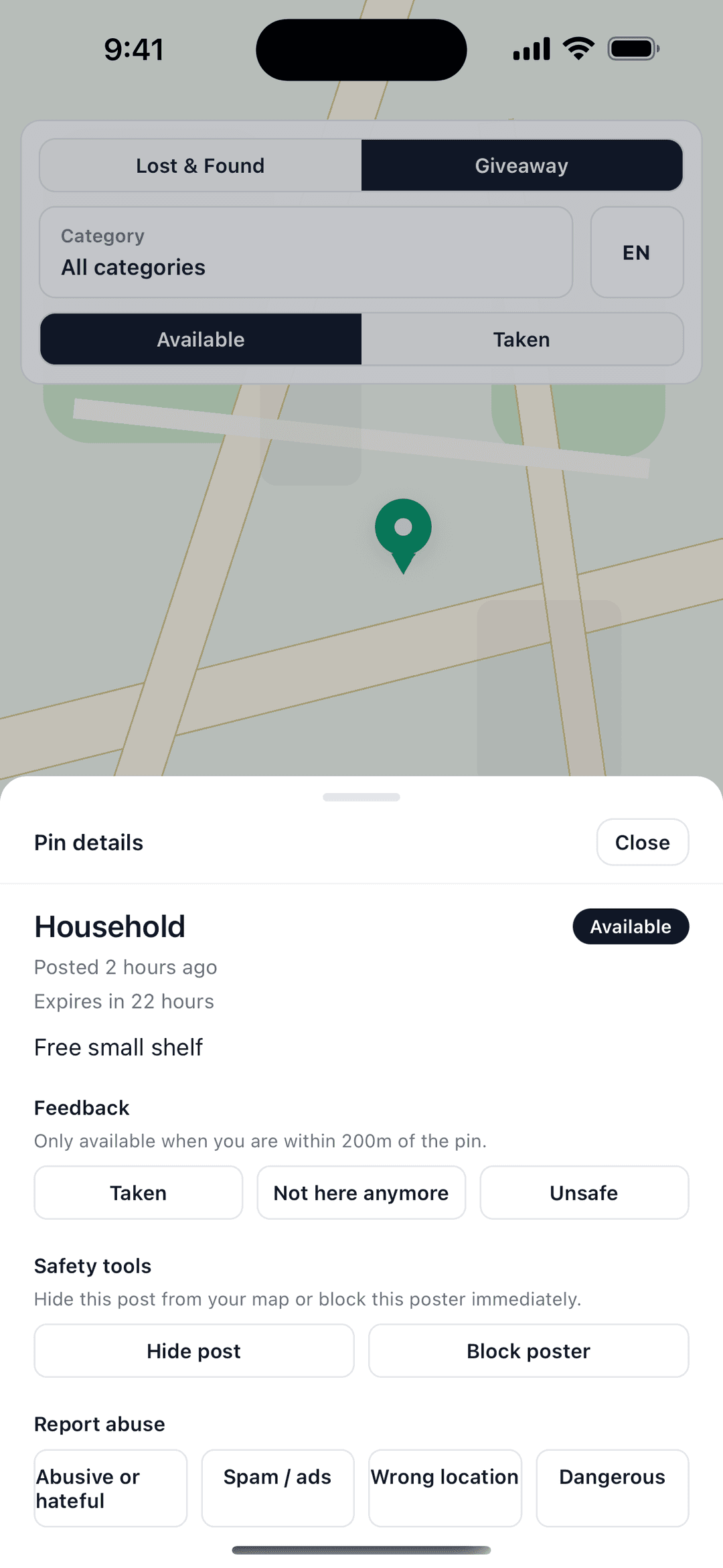 FoundMe pin details screen