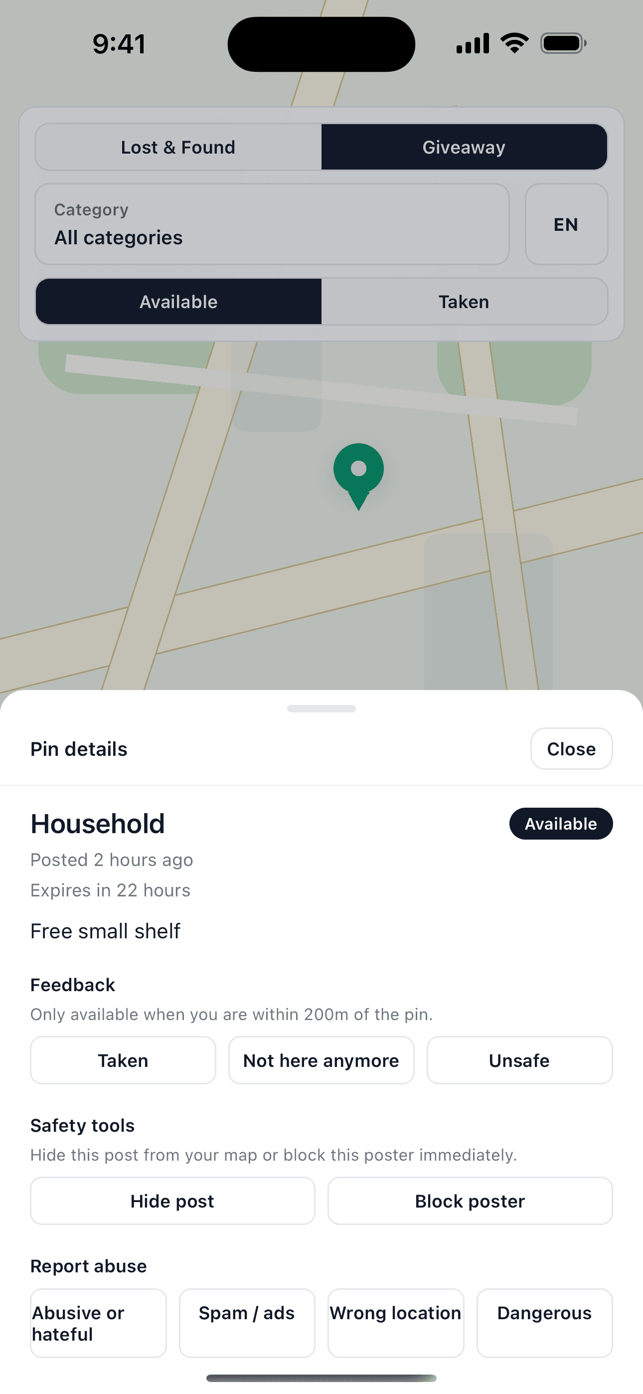 FoundMe pin details with proximity-based feedback and safety tools