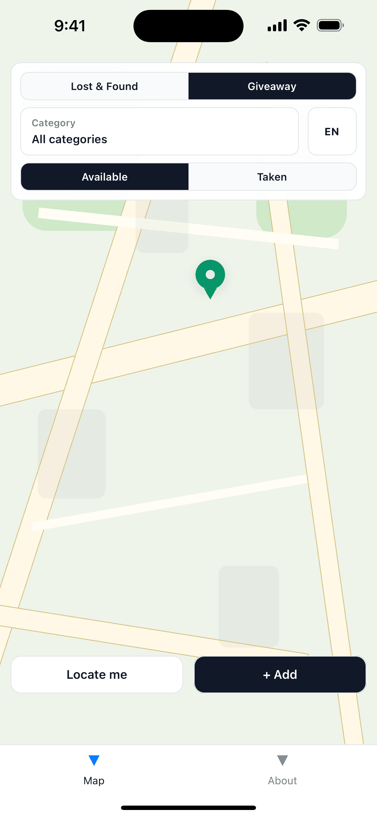 FoundMe giveaway map with an available pin
