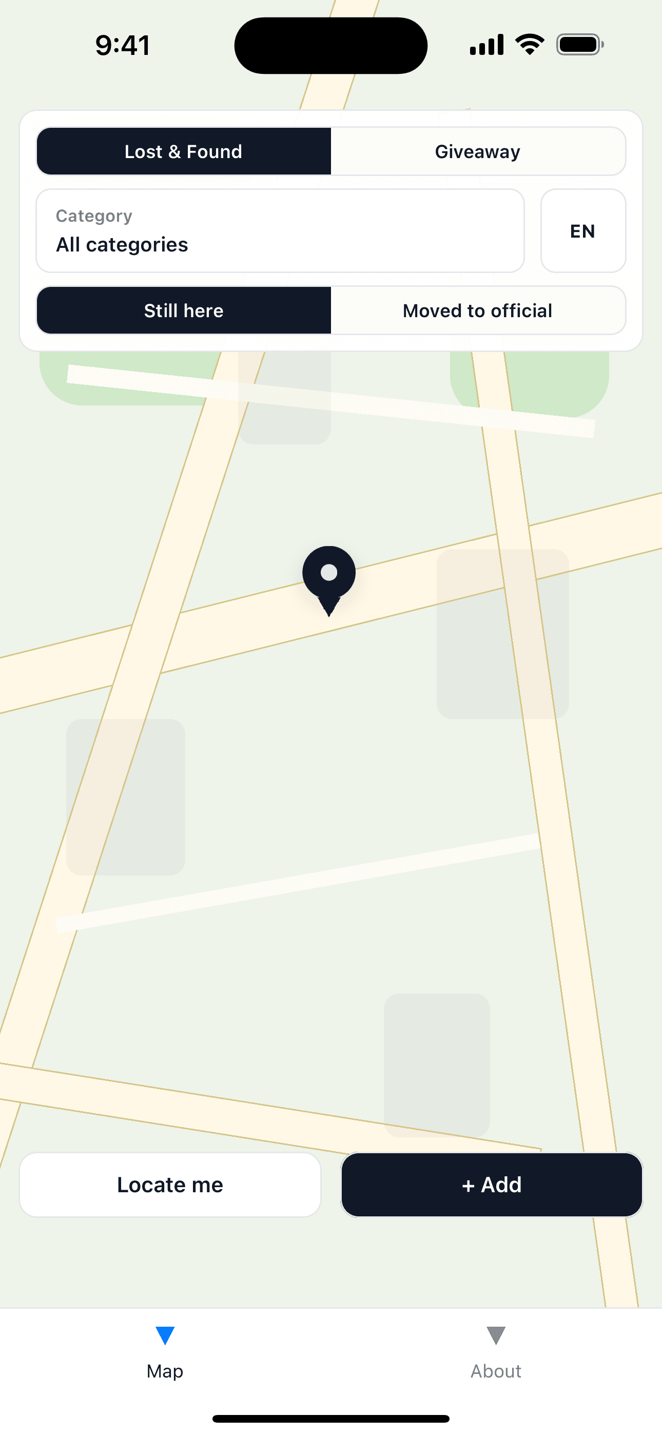 FoundMe map showing a nearby lost and found pin