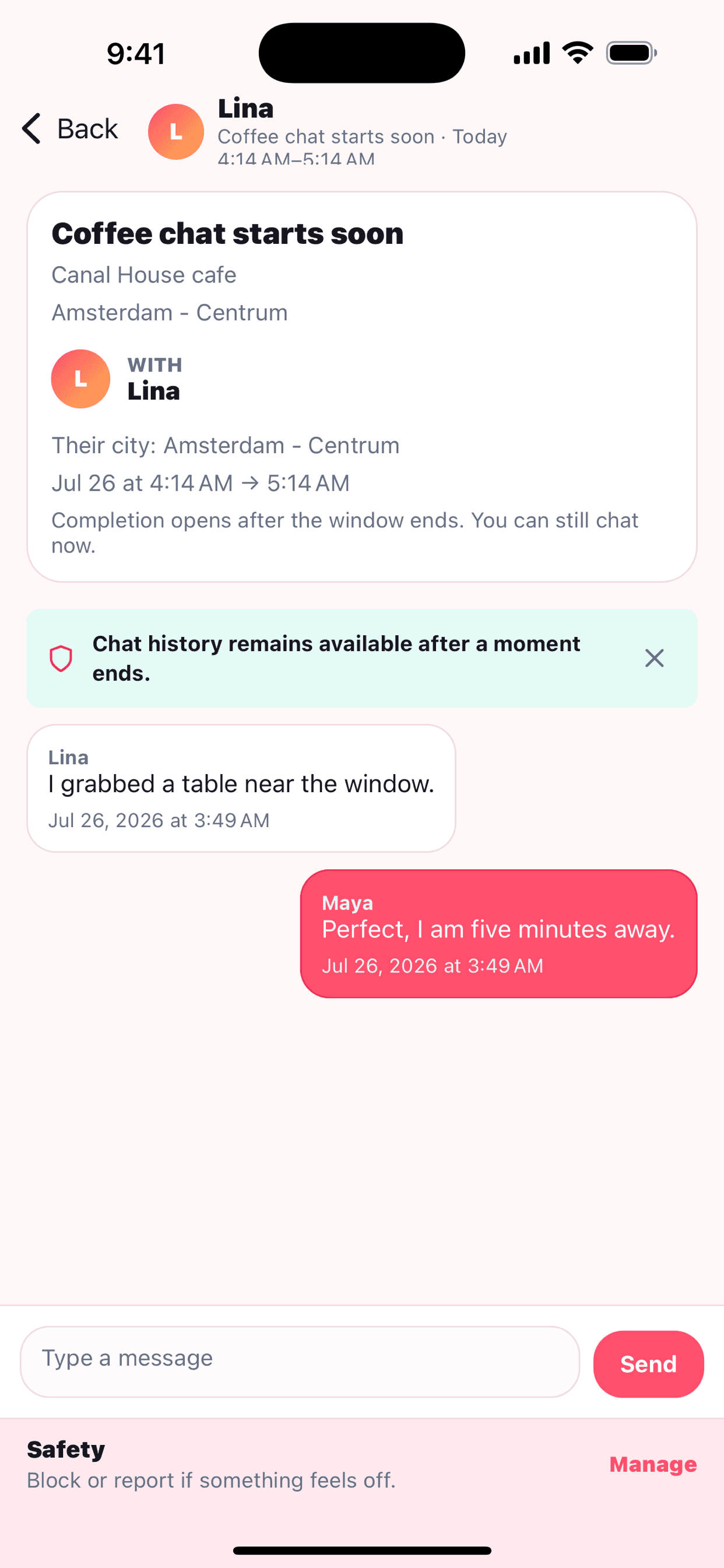 Private coordination chat inside Sosiale Moments