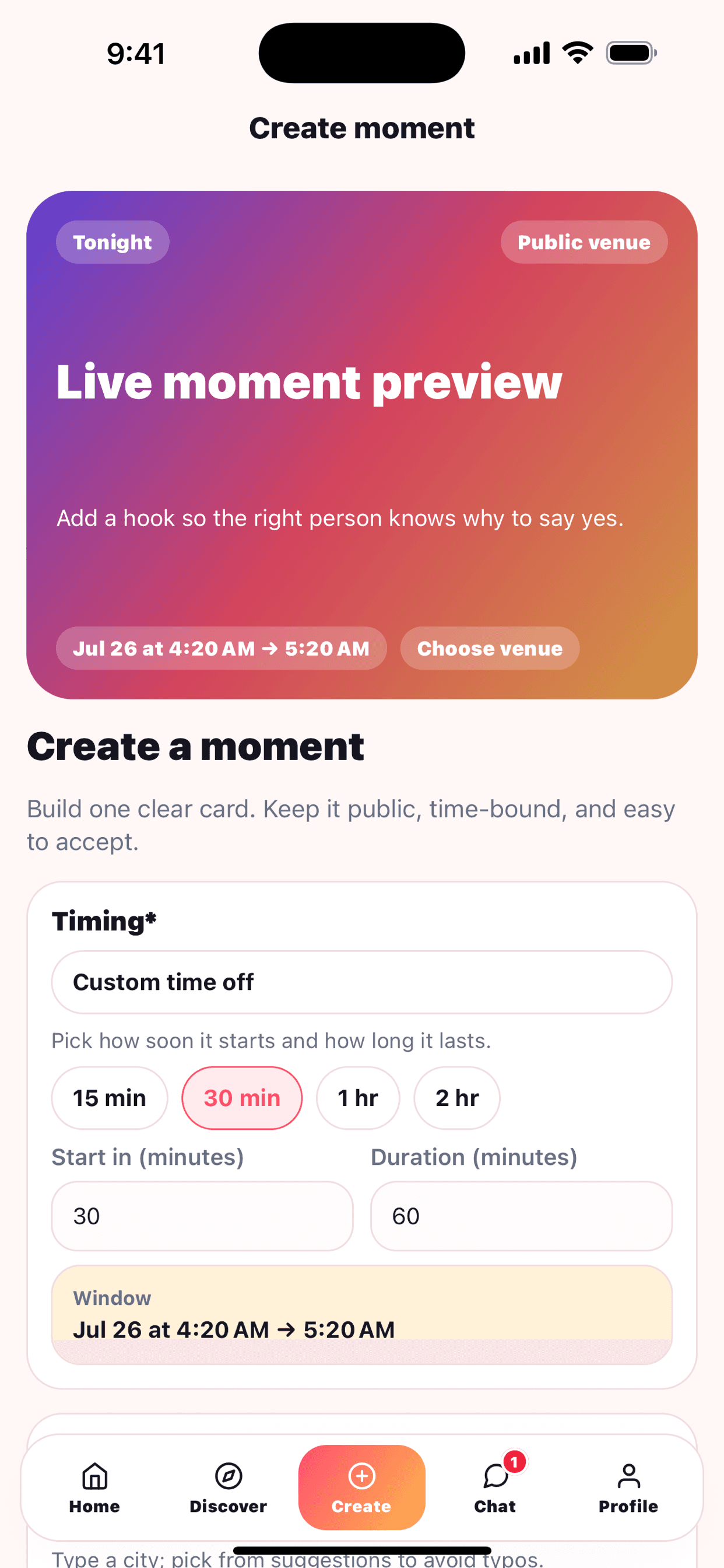 Sosiale Moments create screen with time and public venue controls