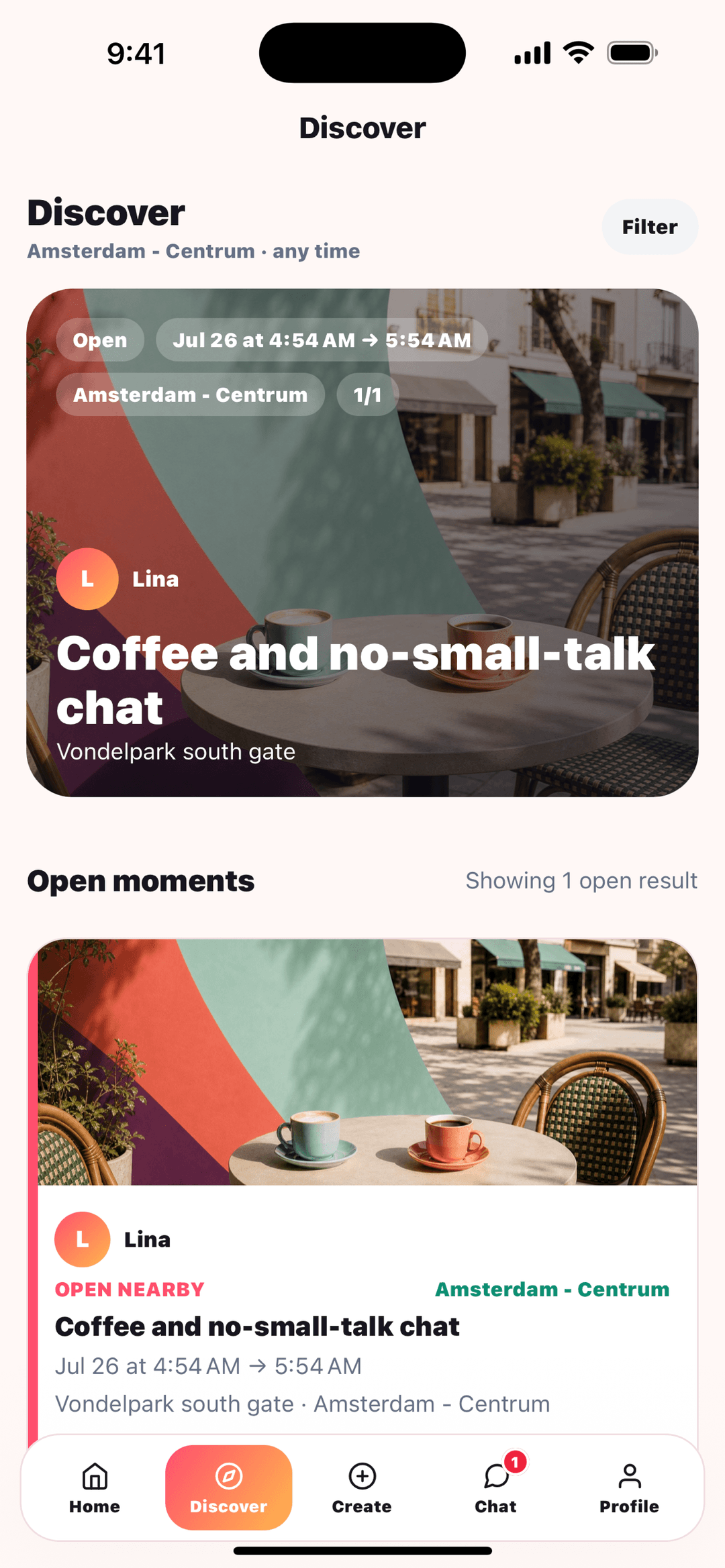 Sosiale Moments discovery screen