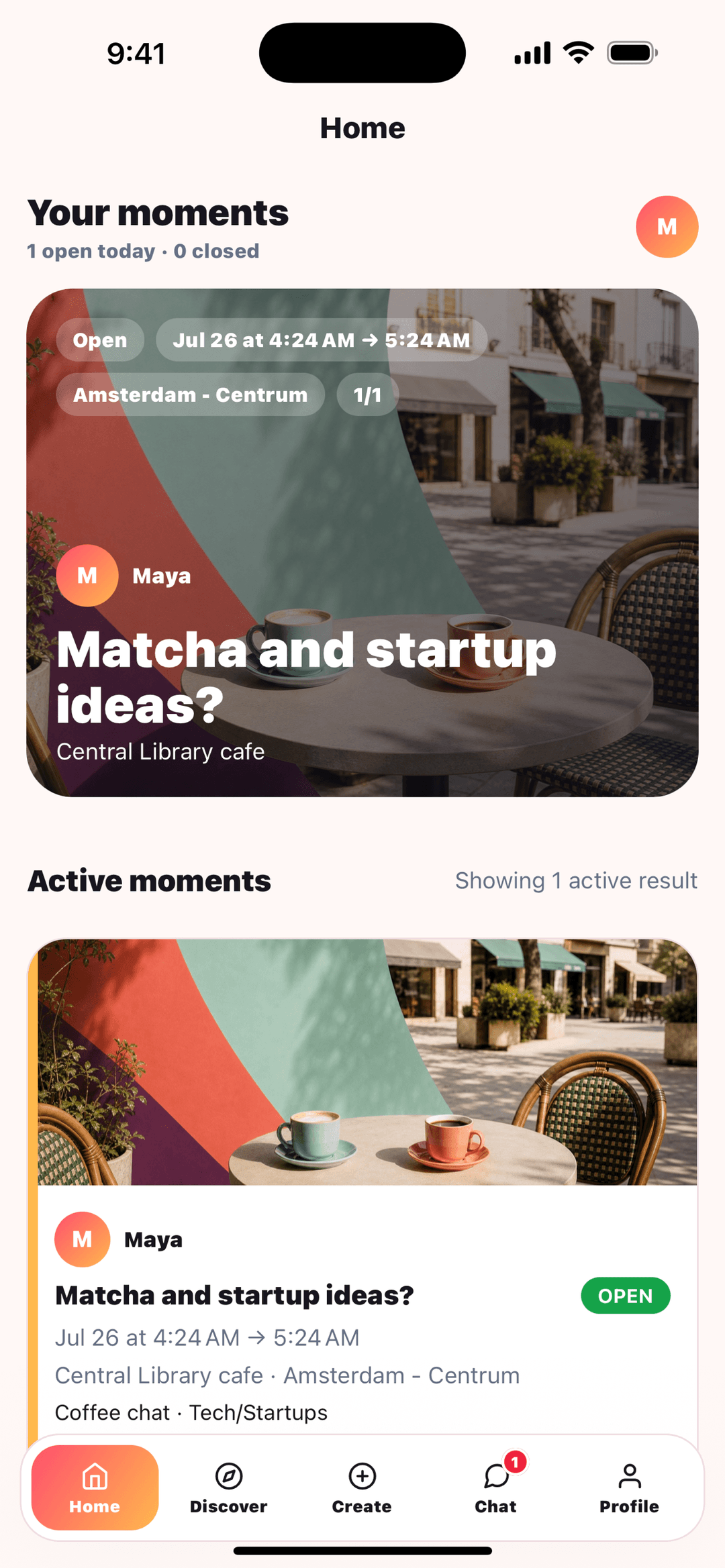 Sosiale Moments home screen