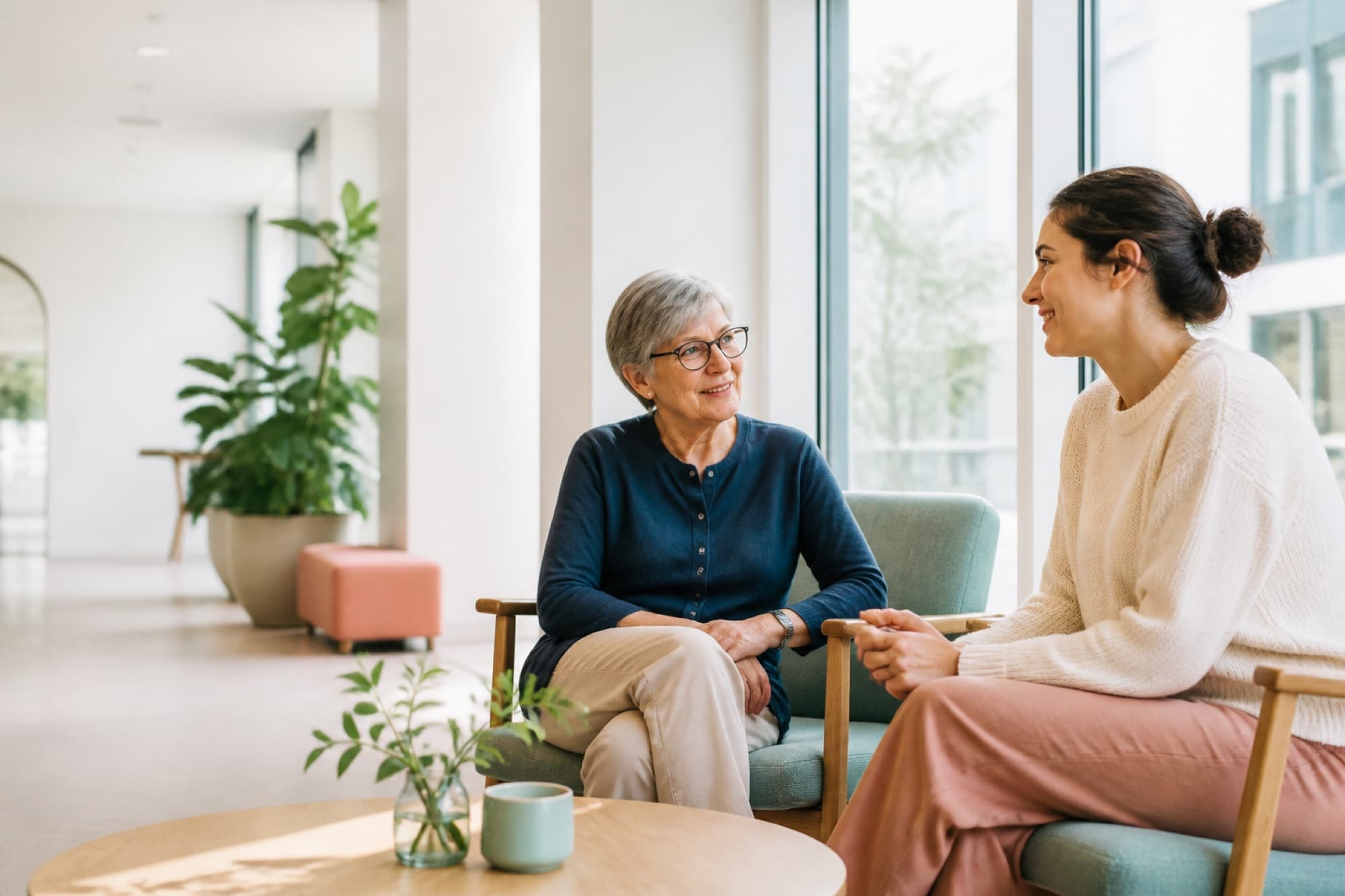 Two adults from different generations sharing a conversation