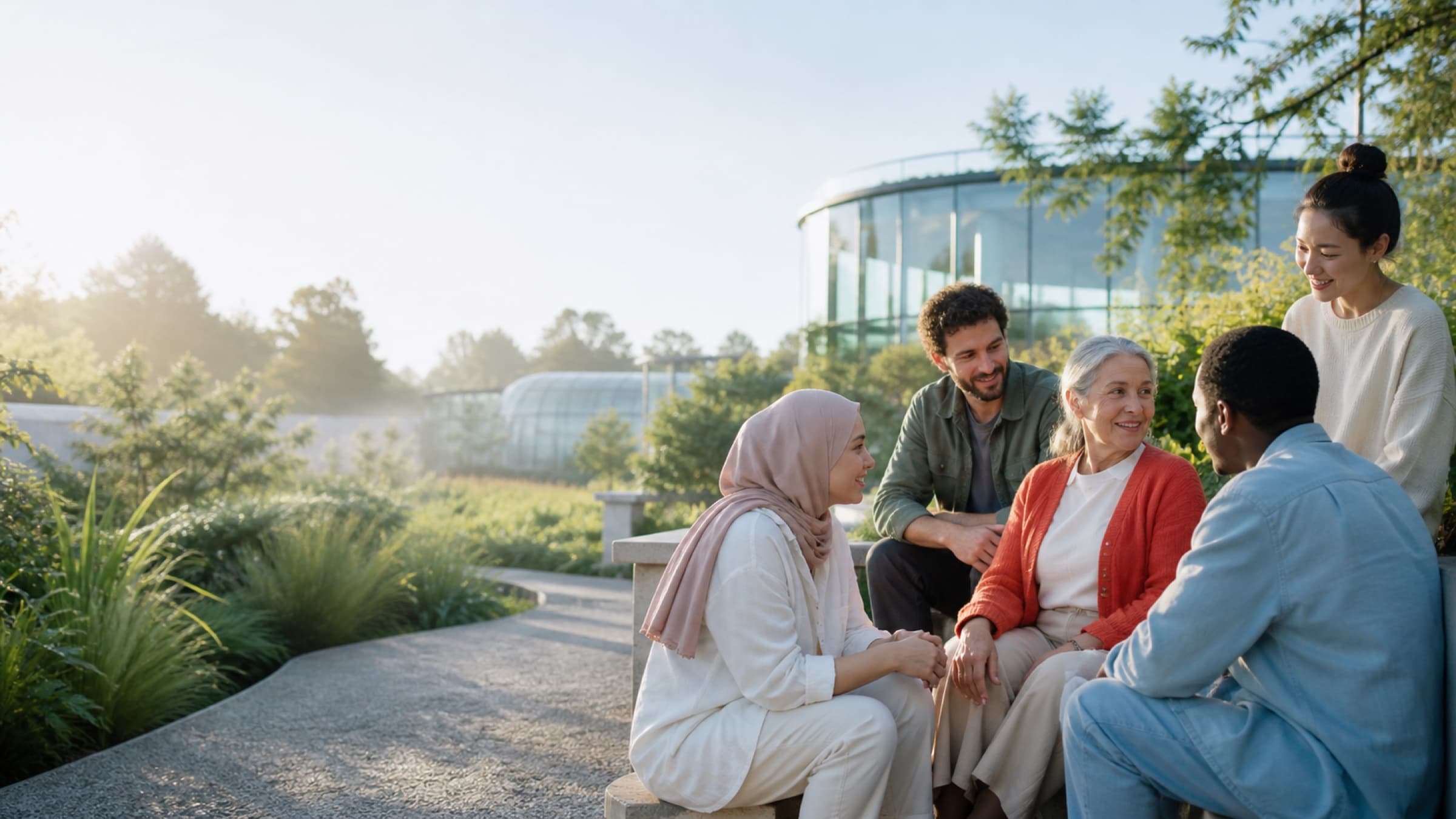 People from different generations sharing a conversation in a bright public garden